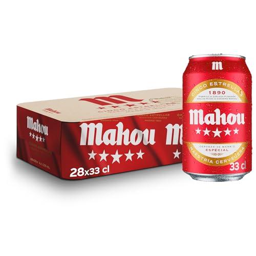 25% DESCUENTO Mahou 5 Estrellas, Pack de 28 Latas x 33 cl, Cerveza Especial Dorada Lager Con Sabor 5 Estrellas, 5.5% Volumen de Alcohol