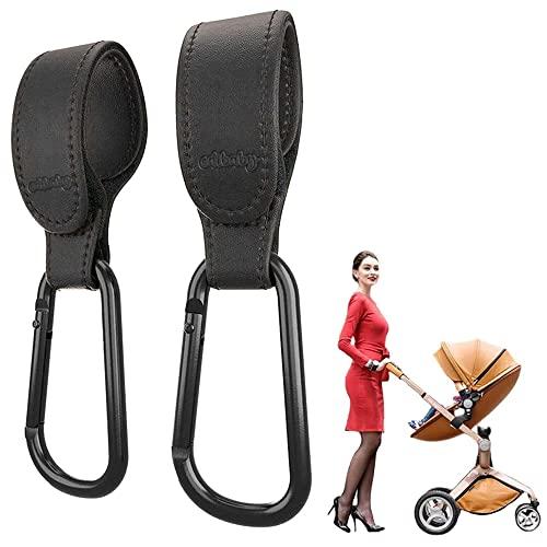 Edibaby, Ganchos Carro Bebe, Elaborado en Piel, 2 Unidades, Ajuste Universal, Mosquetones para Carrito de Bebe para Colgar Bolsas, Mochila, Bolso etc (Negro)