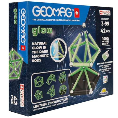Geomag, Glow Recycled, Construcciones Magnéticas Efecto Glow, Barras que Brillan en la Oscuridad, Paquete de 42 Piezas, Plástico 100% Reciclado