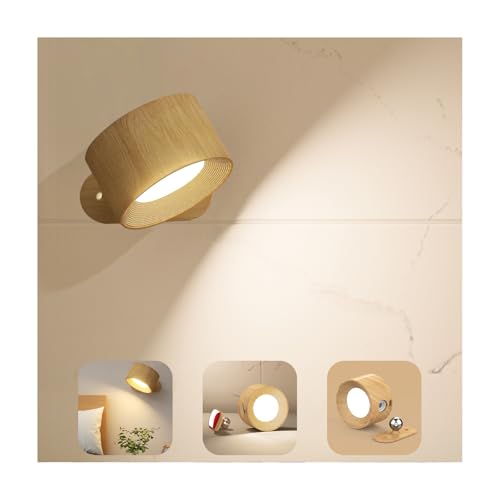 Feallive Lámpara de pared LED, Apliques Pared Interior 1 Pcs puerto de carga USB, 3 niveles de brillo 3 modos de color, apliques de rotación libre de 360° luces de pared (grano de madera)