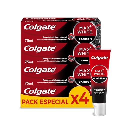 Colgate Max White con Carbón Activado Pasta de Dientes Blanqueadora, Pack 4x75ml, Clínicamente Comprobada que Elimina hasta el 100% de las Manchas Superficiales, Ingredientes de Origen Natural