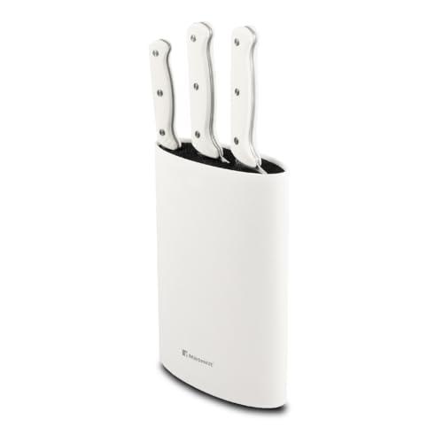 BERGNER NATURALLY   Set de 4 Cuchillos de Acero Inoxidable   Chef 20 cm, Santoku 17.5 cm, Multitarea 12.5 cm   Bloque Protector   Mango Blanco de Tacto Suave   Lavado a Mano Recomendado, Plata