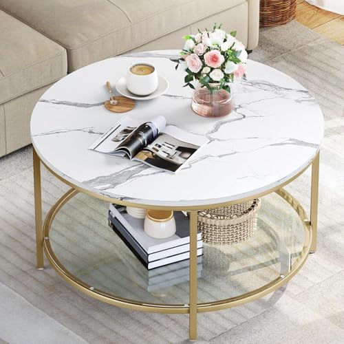 YITAHOME Mesa DE CAFÉ, Vidrio Templado de Madera, Blanco y Dorado, 80x80x46cm