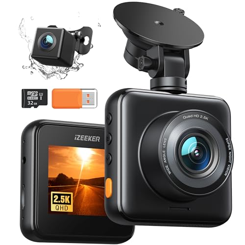 iZEEKER 2.5K Dashcam, Doble Dash CAM Coche con Tarjeta 32GB SD, 1440P Mini Camara Coche Grabadora, Cámara de Coche Delantera y Trasera, 170° Gran Angular, G Sensor, Visión Nocturna, WDR