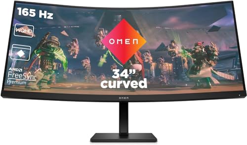 34% DESCUENTO HP OMEN 34c– Monitor Gaming de 34″ WQHD (3440 x 1440 a 165 Hz, 21:9, 1ms HDMI Antirreflejo, AMD FreeSync Premium Compatible con Consolas, 1500R, Altavoces, Curvo, Altura e inclinación Ajustable) Negro
