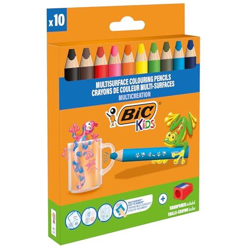 BIC Kids Lápices de Colores Multisuperficie con Cuerpo Triangular y Minas Borrables en Superficies No Porosas   Colores Surtidos, Pack de 10+1 Sacapuntas