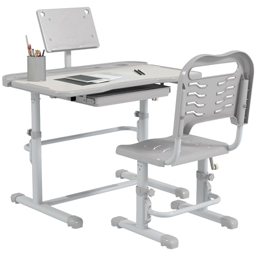 72% DESCUENTO ZONEKIZ Juego de Escritorio y Silla para Niños de 6 12 Años Pupitre Infantil Altura y Ángulo Ajustable con 1 Cajón y 1 Estante para Libros 80×49,5×82 104 cm Gris y Blanco