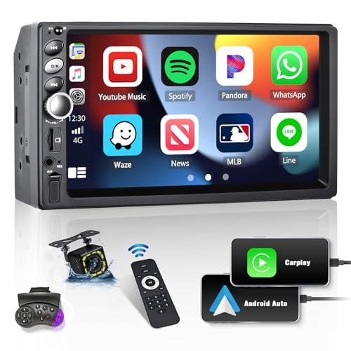 SIXWIN Radio Coche 2 DIN Compatible CarPlay y Android Auto,7 Pulgadas HD Pantalla táctil Reproductor con Mandos del Volante/Bluetooth/FM/USB/AUX/TF/Mirror Link+Camara