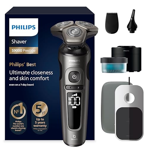 DESCUENTAZO 59% DESCUENTO Philips S9000 Prestige, Afeitadora Eléctrica Hombre, Máquina de Afeitar Barba en Seco y Mojado con Tecnología SkinIQ, Funda Premium, Carga Qi, Recortador de Precisión, Centro de Limpieza, SP9882/36