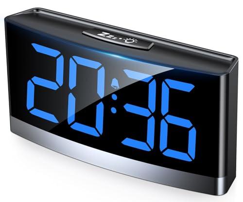 Rolgno Reloj Digital para Dormitorios, Despertador Inteligente con Números LED Azules, 5 Niveles de Brillo & Volumen, 3 Tonos de Alarma, Snooze, 12/24H, Alimentado por USB (Adaptador No Incluido)