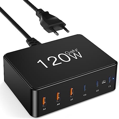Cargador USB C, 120 W GAN de 6 Puertos USB, Cargador rápido USB C, Adaptador de alimentación con 3 USB C y 3 USB A, estación de Carga múltiple USB PD QC 3.0 para MacBook Pro, portátil, iPhone, i Pad