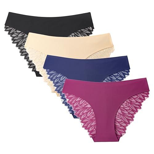 Jahetuul Bragas de Encaje para Mujer Calzoncillos sin Costuras Sexy Pack de 4 Ropa Interior de Encaje con Fondo de Algodón Cómodas y Elegante para Mujer