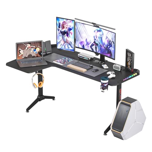 FATIVO Escritorio Gaming de 160 cm: con LED RGB Mesa de Esquinero Grande Escritorio Gamer Ordenador PC Ergonómico con Sistema de Gestión de Cables Forma L, Izquierdo