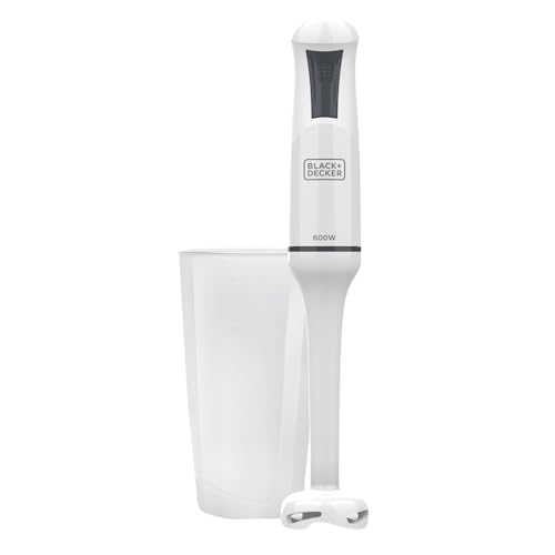 25% DESCUENTO Black+Decker BXHB500E Batidora de mano 600W, diseño compacto y ergonómico, pie de plástico desmontable, antisalpicaduras, incluye vaso medidor, plástico, blanco
