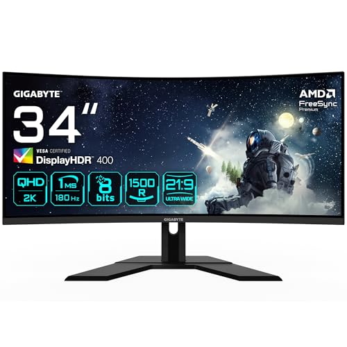 25% DESCUENTO Gigabyte G34WQCP 34″ Monitor Gaming Curvo WQHD 3440 x 1440, VA, 180Hz, 1ms, 1500R, 350 CD/m², FreeSync Premium, DisplayHDR 400, HDMI 2.0, DisplayPort 1.4