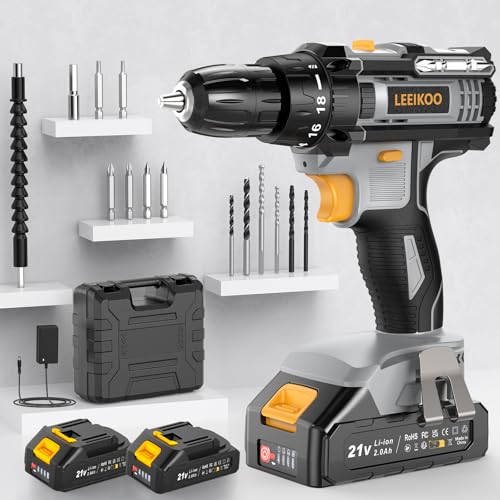 32% DESCUENTO Taladro Atornillador Batería, LEEIKOO Atornillador Electrico 21V, 42N.m con 2 Baterías 2.0Ah, 18+1 Ajuste de Par, 2 Velocidad, LED Luz, 14 Accesorios Para Hogar, Bricolaje, Gris