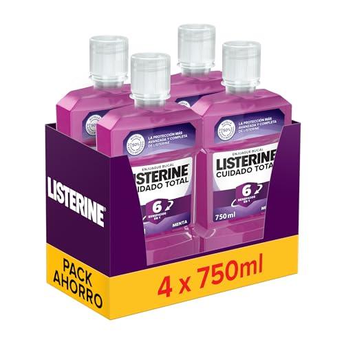 Listerine Cuidado Total, pack de 4 x 750 ml, enjuague bucal con flúor, colutorio bucal con 6 beneficios en 1, elixir bucal para una limpieza bucal completa