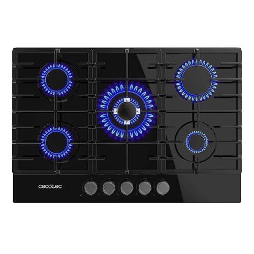 Cecotec Placa de Gas Butano y Natural 5 Fuegos Bolero Squad G 5200F Glass Black. 11000W, Cristal Negro, Parrillas Completas Hierro Fundido, WOK Triple Corona, Encendido Eléctrico, Sistema Seguridad