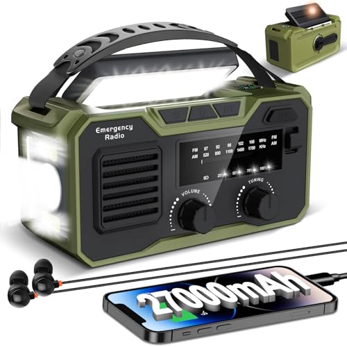 Radio Solar De Emergencia 27000 Mah, RadioEmergencia FM/Am, RadioManivelaSolar con Alarma SOS y Lámpara,Radios y A Pilas Puede Cargar un Teléfono Móvil Y Reproducir por Bluetooth (Verde)
