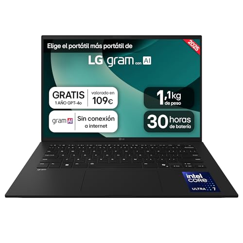 32% DESCUENTO LG gram 14Z90T G.AD8BB Ordenador Portátil 14 Pulgadas Intel Core Ultra7 255H, 32 GB RAM, 2TB SSD, Panel IPS Antirreflejo, WUXGA, 1.120 g, 30 Horas, Windows 11 Home, Negro, Teclado QWERTY Español