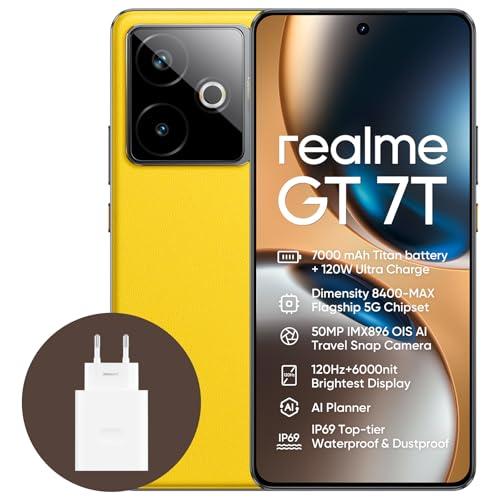 26% DESCUENTO realme GT 7T 5G Smartphone,12+256GB, Batería de 7000 mAh,Carga de 120W,Procesador Dimensity 8400 MAX,IMX896 50MP Cámara,AI Planner,Pantalla Pro Esports de 6000 nits,IP69,Amarillo,Exclusivo de Amazon