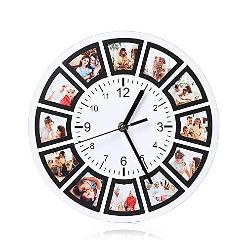 Glimmerday Reloj de Pared de Madera   Personalizado con 12 Fotos   Silencioso, sin Tictac   25 cm Ø   Diseño para Salón, Dormitorio y Cocina   Regalo para Mamá, Papá, Amigos y Familiares