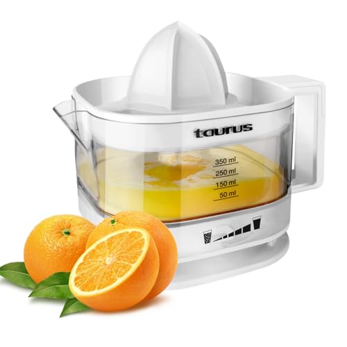 Taurus Exprimidor eléctrico TC 350 | 25W | Filtro de pulpa regulable | Depósito de 350 ml | Doble sentido de rotación | Desmontable | Diseño compacto | Jarra y cono aptos para lavavajillas | Blanco