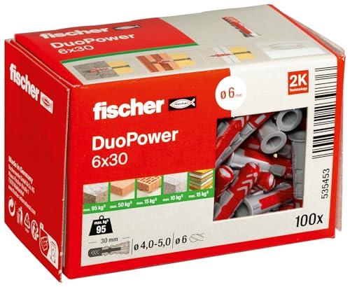 fischer DUOPOWER 6×30, caja redonda con 100 tacos fischer universales, de alto rendimiento de 2 componentes, de plástico para fijación en hormigón, ladrillo, piedra, cartón yeso y más