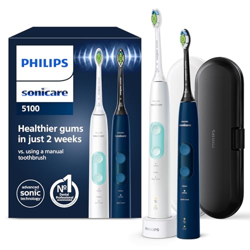 Philips Sonicare ProtectiveClean 5100 Pack Doble, 3 Modos, Sensor de Presión, Temporizador, Anterior, Azul/Blanco