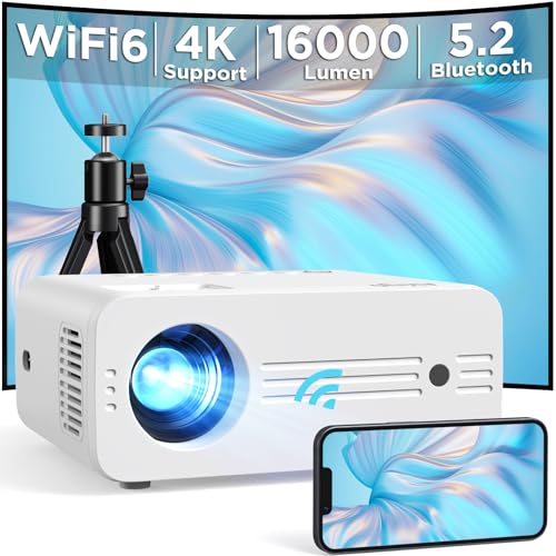 Proyector, Proyector Portátil WiFi6 Bluetooth con Tripode, 16000 Lumens Proyector 4K Compatible Full HD 1080P Nativo, AKIYO O7 Proyector Cine en Casa para iOS/Android/PC/TV Stick/HDMI/USB/PS5/XBOX