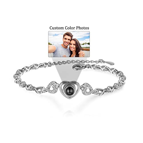 lorajewel Kaululu Pulsera Mujer Personalizado proyección de Fotos Plateado Corazón Colgante Joyería para Madre e Hija Regalo para Aniversario cumpleaños San Valentín Navidad Personalizada Plata