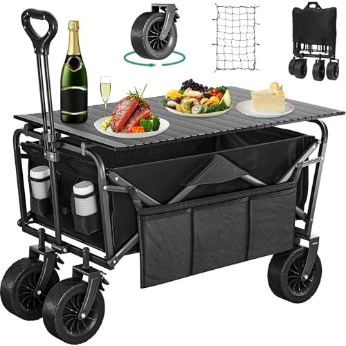 OFERTÓN SUPREMO 69% DESCUENTO YITAHOME Carrito de Playa con Grandes Ruedas Universales, Carretilla Plegable con Mesa y 2 Portavasos Gran Capacidad 220 lbs, Altura del Mango Ajustable, Carro Camping para Jardín/Playa/Picnic (Negro)