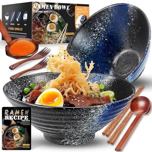 YTLEMON Juego De Cuencos De Ramen De Cerámica 2×1000ml 34oz, Ramen Bowl Japonés De Cocina Para Sopa De Fideos Con Tenedor Palillos Y Cuchara Para Ensalada Cereales Fideos Regalo Para El Hogar Para