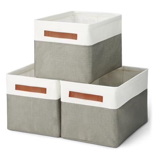 Amazon Basics Cajas de almacenamiento plegables con asas de cuero, color carbón, grande, paquete de 3