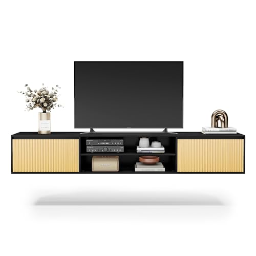 Flycity Mueble TV Suspendido, 180 cm Mesa TV Salon Moderno con 2 Ante Silenziose, Mueble di Design, Flotante Armario Bajo Madera, Consola Multimedia para TV per Soggiorno, Nero