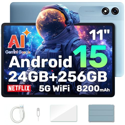 Blackview Tablet 11 Pulgadas Android 15 Gemini AI 24GB RAM + 256GB ROM (2TB TF)/8200 mAh/1920 * 1200 FHD IPS Widevide L1/Face ID/PC Mode/Octa Core Tablet Gaming con Funda
