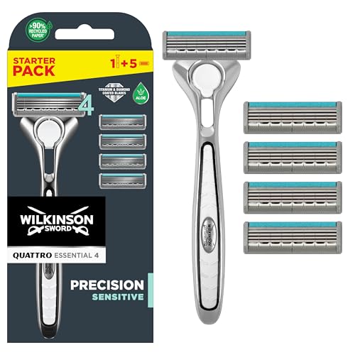 Wilkinson Sword Quattro Titanium Sensitive   Maquinilla de Afeitar con Hojas de Titanio para Hombre + 5 Recambios de Cuchillas de Afeitar de 4 Hojas más 1 Hoja de Precisión Adicional