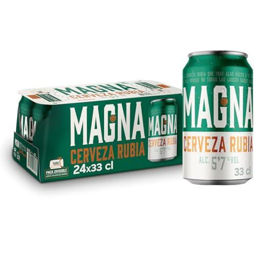 34% DESCUENTO Magna Cerveza, Pack 24 Latas x 330ml, Cerveza Dorada Lager, Sabor Intenso y Carácter Único, Cerveza Refrescante, 5.7% Volumen Alcohol
