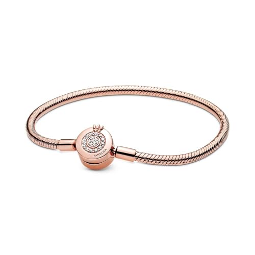 69% DESCUENTO PANDORA Signature Pulsera de cadena de serpiente con cierre con diseño de corona centelleante en O chapada en oro rosa de 14 quilates con circonitas cúbicas transparentes, 16