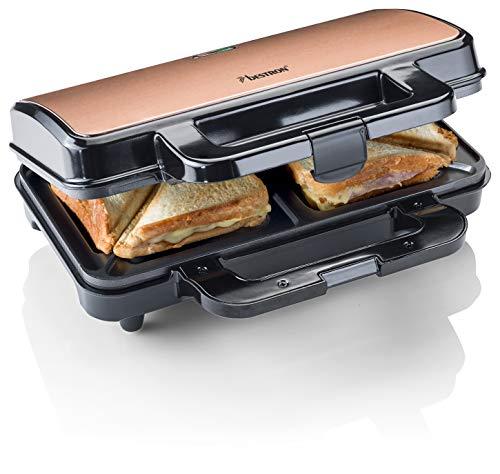 OFERTÓN SUPREMO 77% DESCUENTO Bestron XL Sandwichera, Sandwichera tostadora con recubrimiento antiadherente para 2 sandwiches, incl. control automático de temperatura e indicador de listo, 900 vatios, color: negro/cobre