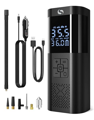 SERVOMASTER Compresor Aire Portatil, Mini Compresor Aire Coche con Manómetro, 150PSI 12V DC Inflador Electrico, Inflador Ruedas Coche,con Luz LED para Coche Moto Bicicleta Bola, Accesorios Coche