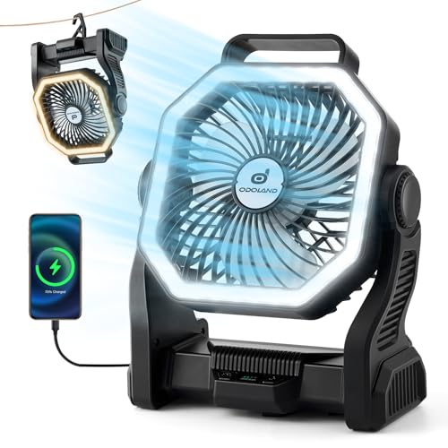 Odoland Linterna LED de camping con ventilador, 20000mAh ventilador a pilas con 4 velocidades y gancho, luz portátil recargable para tienda de campaña al aire libre para picnic, apagón, viajes,negro