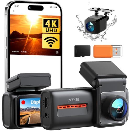 iZEEKER 4K Dashcam Frontal y Trasera, WiFi 6 Dash CAM Coche con Tarjeta 32G, 4K+1080P Camara Coche, Pantalla de 2.99″, App, Visión Nocturna, Sensor G, Grabación en Bucle, 24H Monitor de Aparcamiento