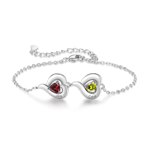 Jeweidea Pulsera Personalizada Mujer con Nombre Pulsera Corazón Colgante con Grabado Piedra Natal Regalos para Mamá Abuela (2 Nombre)