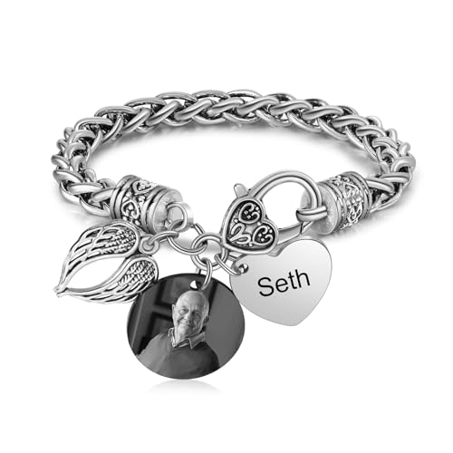 Pulsera Personalizada con Foto Pulsera de Acero Inoxidable con Nombre Pulseras Conmemorativa para Hombres Mujeres Regalo para Mamá, Papá, Abuelo,Abuela (A)