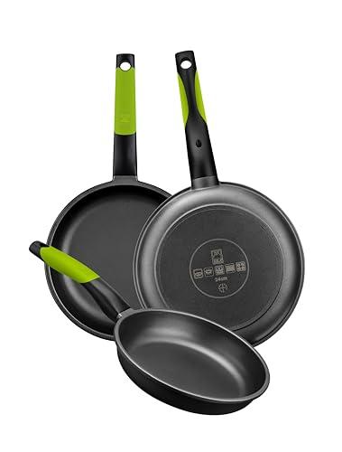 25% DESCUENTO BRA Prior Set de 3 Sartenes, 18 22 26 cm, Aluminio Fundido Antiadherente, con Dos Salvamanteles Safe Verdes, Aptas para Todo Tipo de Cocinas Incluida Inducción