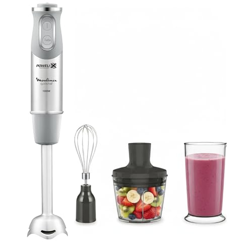 Moulinex QuickChef ,Batidora de Mano 1000 W, Regulador de 10 Velocidad Turbo, 3 Accesorios para Picar y Montar y Vaso Medidor, Cúpula Antisalpicaduras, Acero Inoxidable DD655D