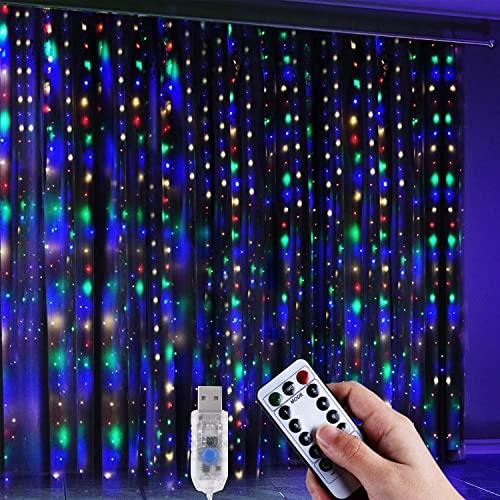 Anpro Luz Cadena Luz de Cortina USB, 4 Colores con 320 Bombillas LED, 8 Modos,3.2m X 3 m,Luz Cortina para Fiestas,Navidad,Año nuevo