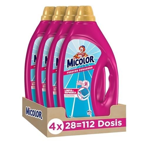 Micolor Gel Frescor Duradero (pack de 4, total: 112 lavados), detergente líquido con sistema neutralizador de olor, óptimo para prendas sintéticas, jabón para ropa