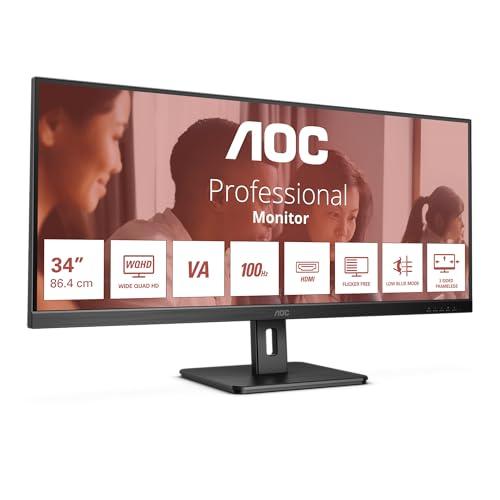 AOC U34E2M Monitor 34 Pulgadas UWQHD, 100Hz, VA, 4 ms GtG, Adaptive Sync. (3440×1440, 2x HDMI 2.0, 1x DP 1.2), Negro